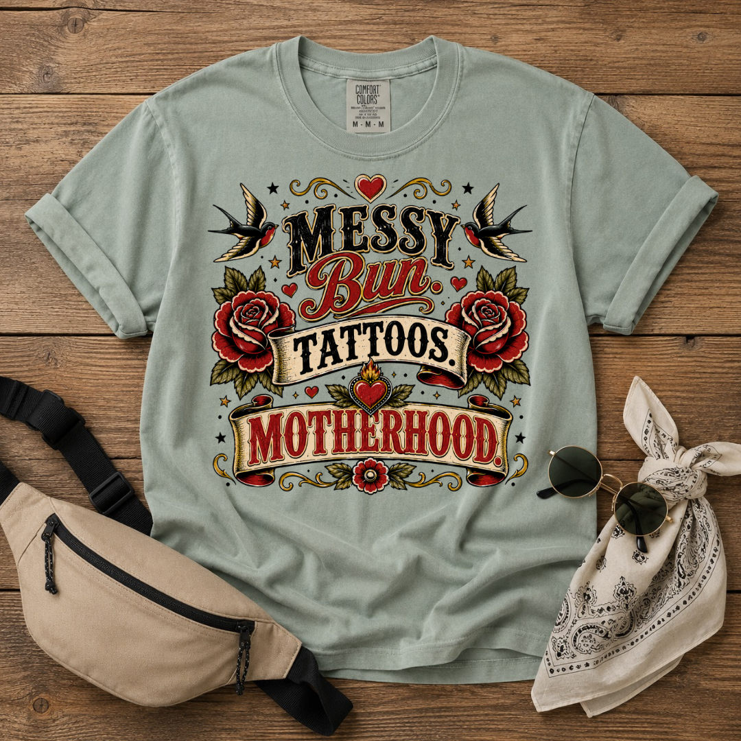 Messy Bun Tattoos Motherhood T-Shirt