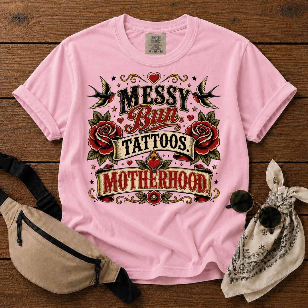 Messy Bun Tattoos Motherhood T-Shirt